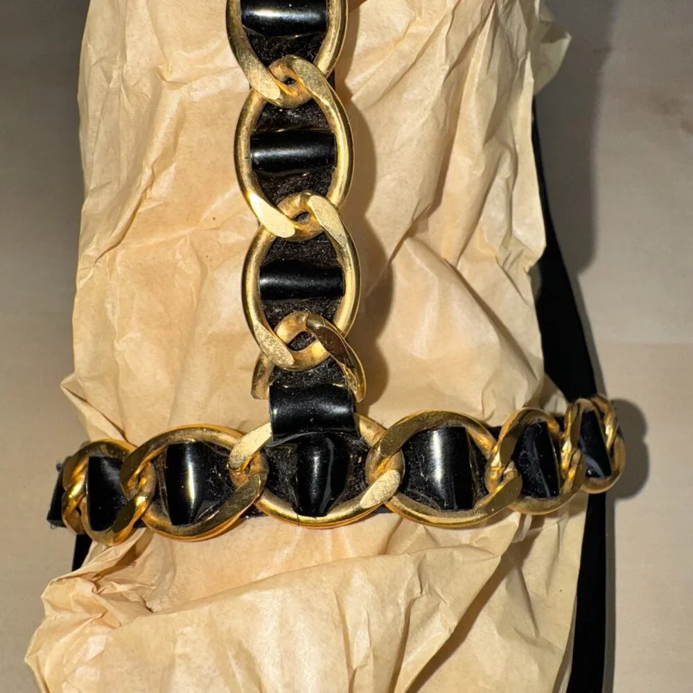 St. John Black Patent Leather Heel Sandals Size 8.5 M Catena Strappy Gold Chain - Picture 6 of 16